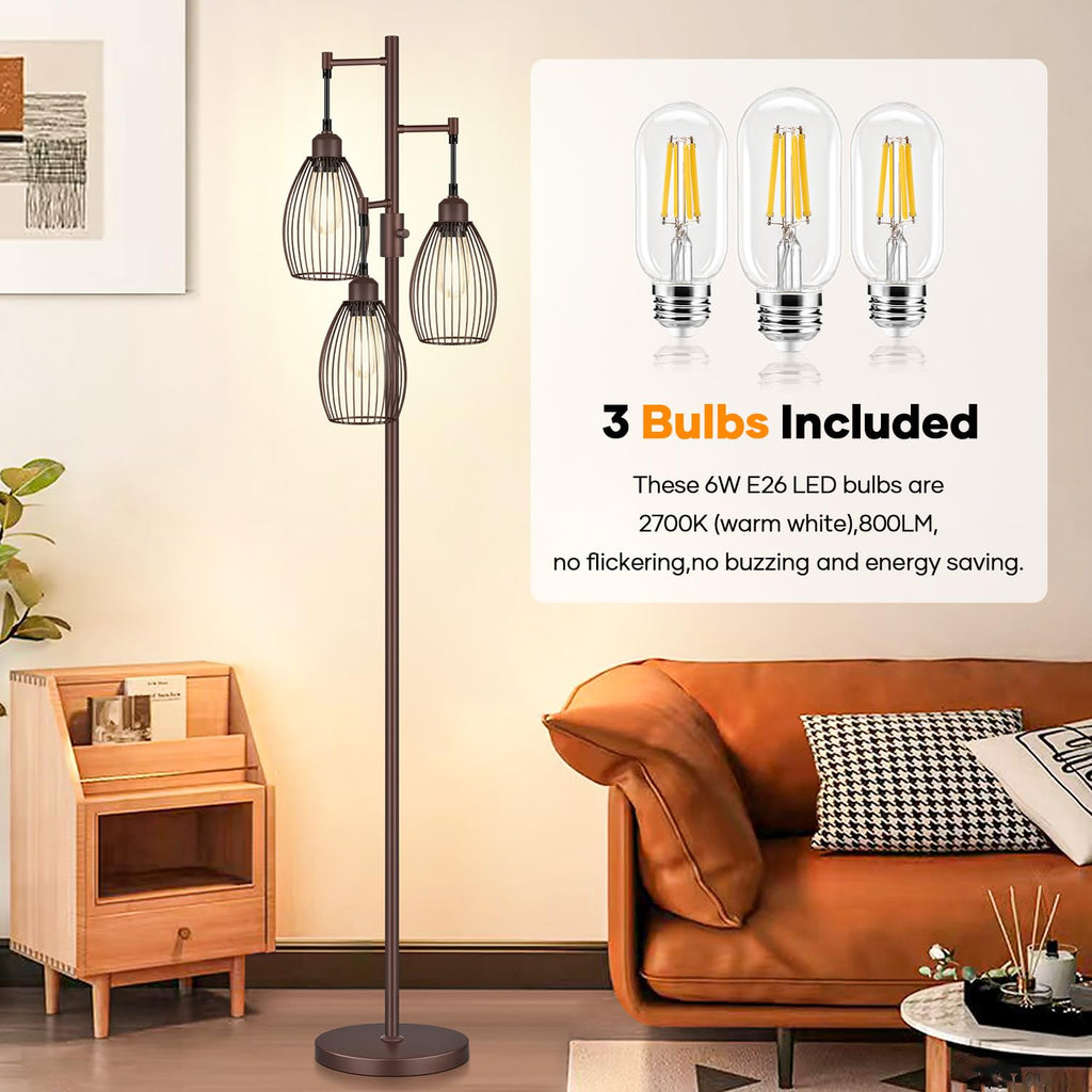 Dimmable Floor Lamp,3x800LM LED Bulbs Included, Farmhouse Industrial Floor Lamp Standing Tree Lamp with Teardrop Cage Head Tall Lamp for Living Room Bedroom Office Dining Room - Matte Brown