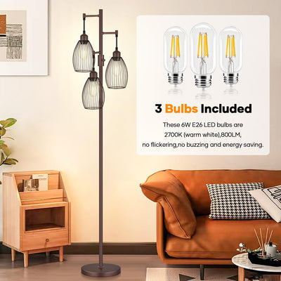 Dimmable Floor Lamp,3x800LM LED Bulbs Included, Farmhouse Industrial Floor Lamp Standing Tree Lamp with Teardrop Cage Head Tall Lamp for Living Room Bedroom Office Dining Room - Matte Brown