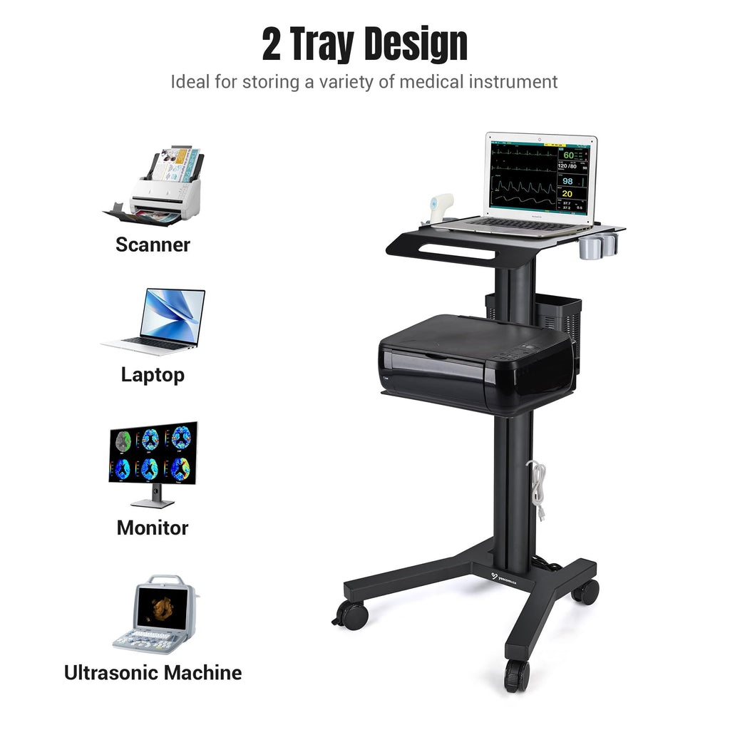 Mobile Laptop Cart Medical Rolling PC Stand Computer Workstation on Wheels with Handle 220 Lbs Capacity CPU Printer Power Strip Holder for Lap School Office Salon Spa Dental