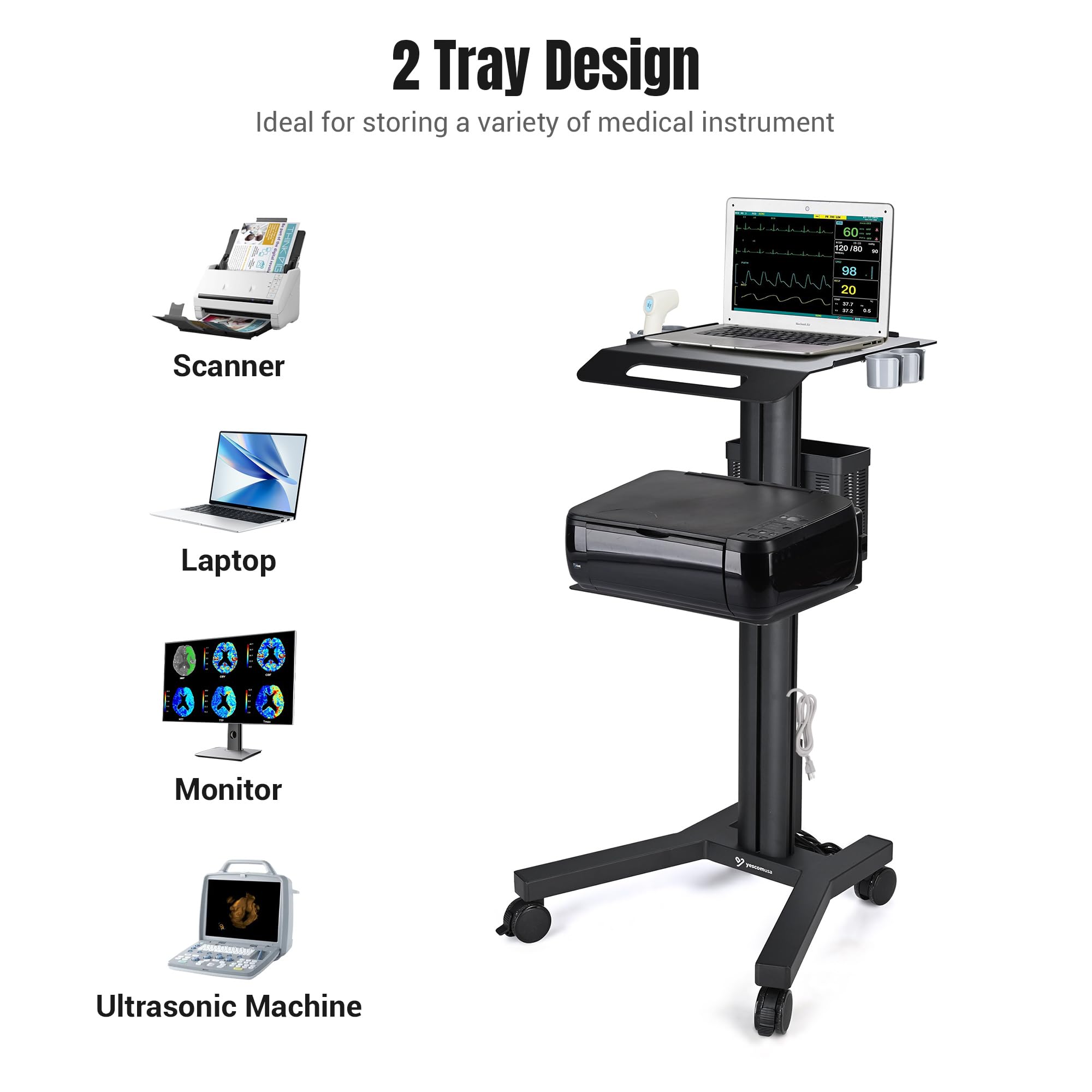 Mobile Laptop Cart Medical Rolling PC Stand Computer Workstation on Wheels with Handle 220 Lbs Capacity CPU Printer Power Strip Holder for Lap School Office Salon Spa Dental