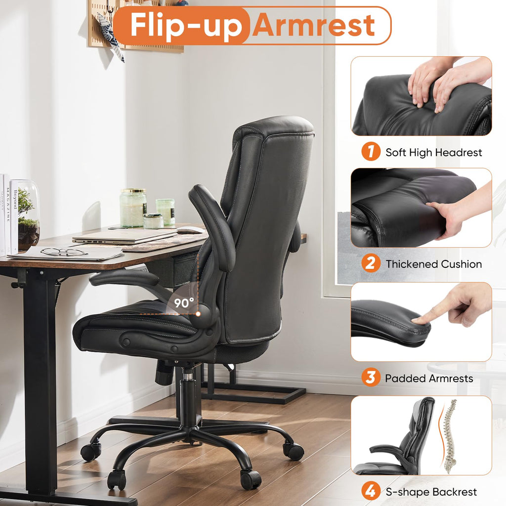 Set of 2, Ergonomic Computer Gaming Office Chair,  Heavy Duty Task Desk Swivel Rolling Chairs with Wheels, Flip-up Arms, Adjustable Height, PU Leather,Inky