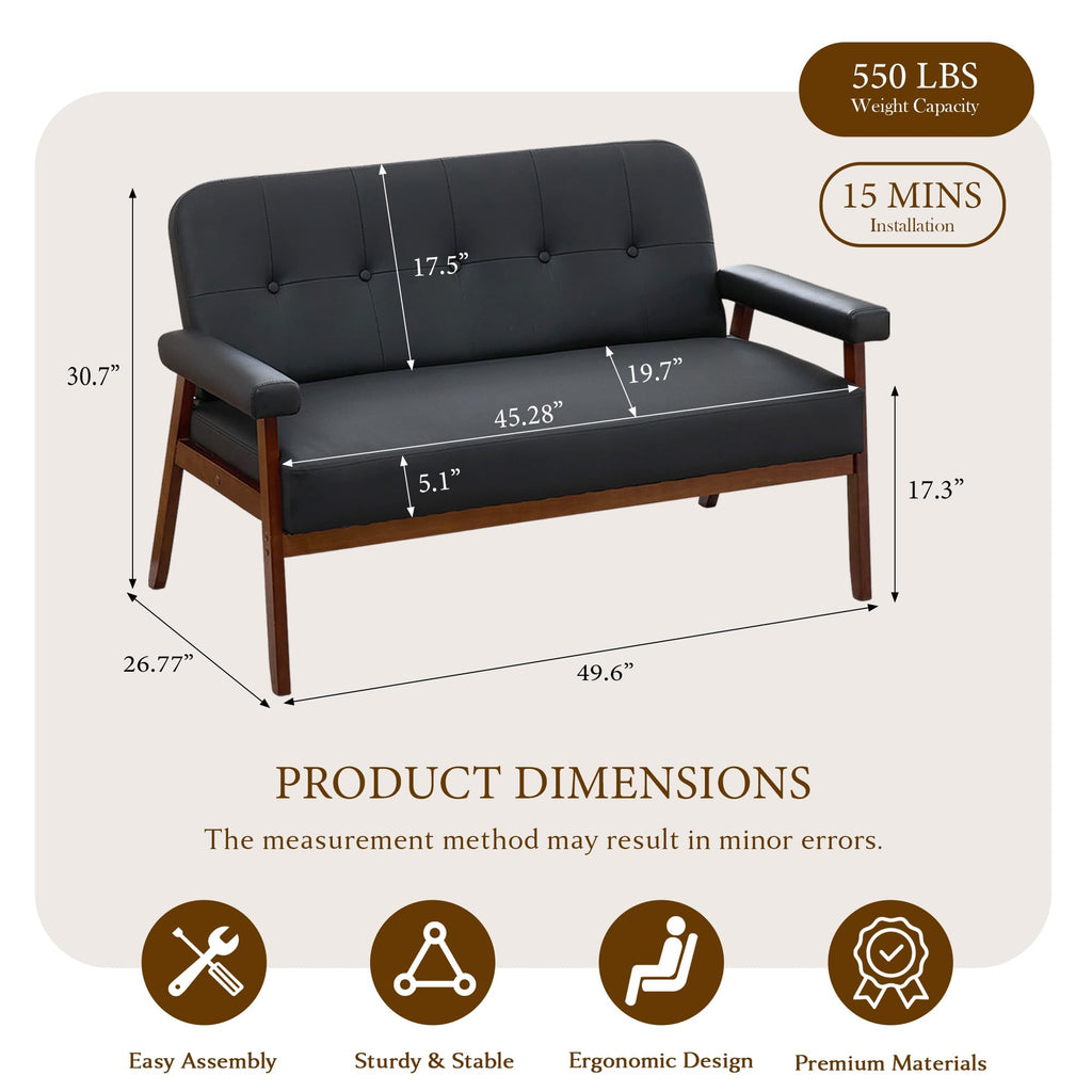 50”W Black Faux Leather Small Office Couch Loveseat Sofa with Wood Arms, Mid Century Modern Love Seat Sofas Lounge Armchair Living Room Bedroom (Black (loveseat))