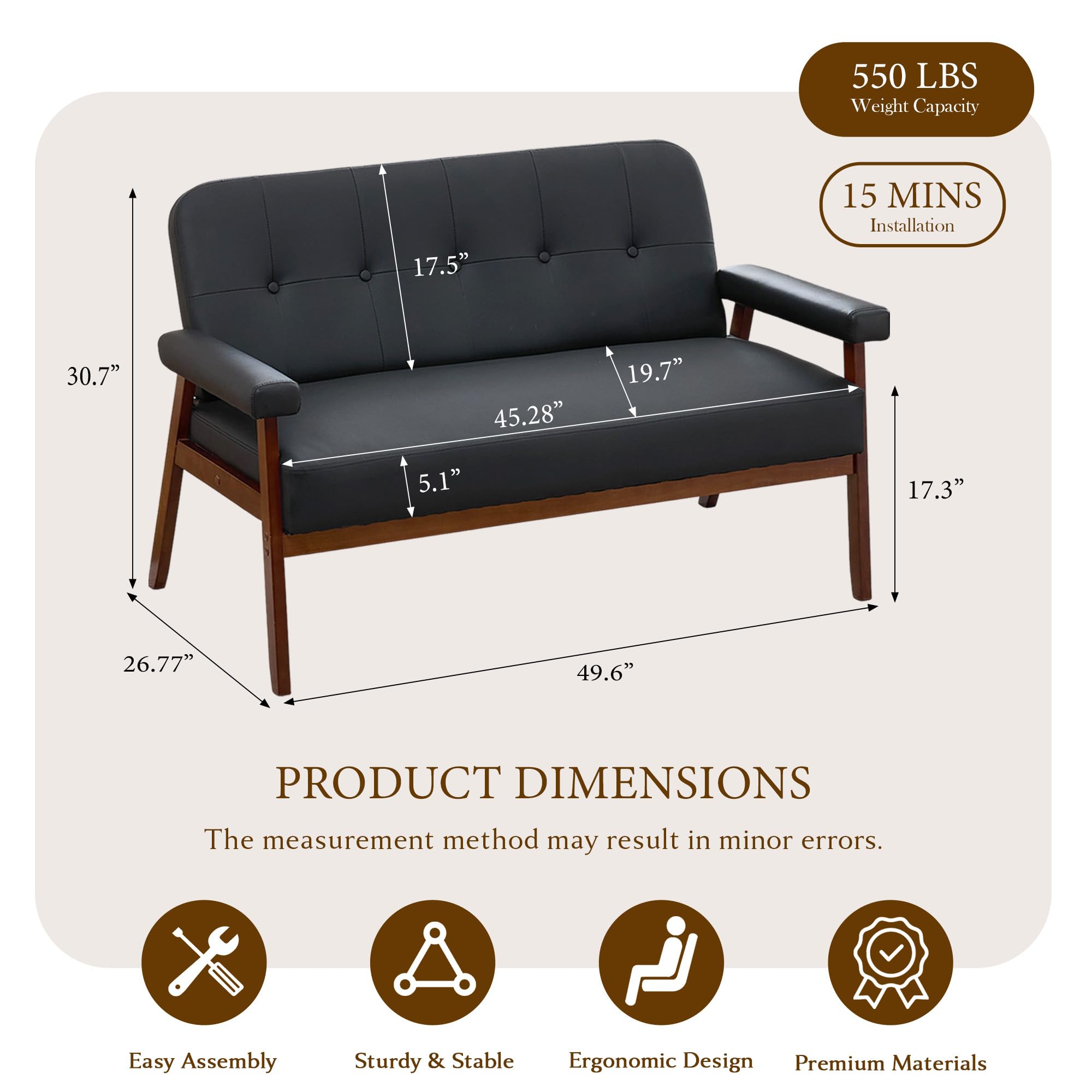 50”W Black Faux Leather Small Office Couch Loveseat Sofa with Wood Arms, Mid Century Modern Love Seat Sofas Lounge Armchair Living Room Bedroom (Black (loveseat))