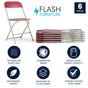 6 Pack, Hercules Series Plastic Folding Chair - Red -  650LB Weight Capacity Comfortable Event Chair-Lightweight Folding Chair