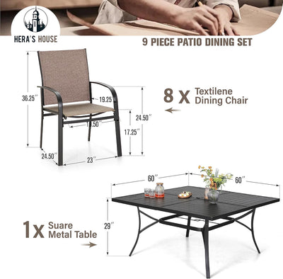 9 Pieces Patio Dining Set, Outdoor Table and Chairs Set for 8, 8 x Brown Textilene Dining Chair and 60
