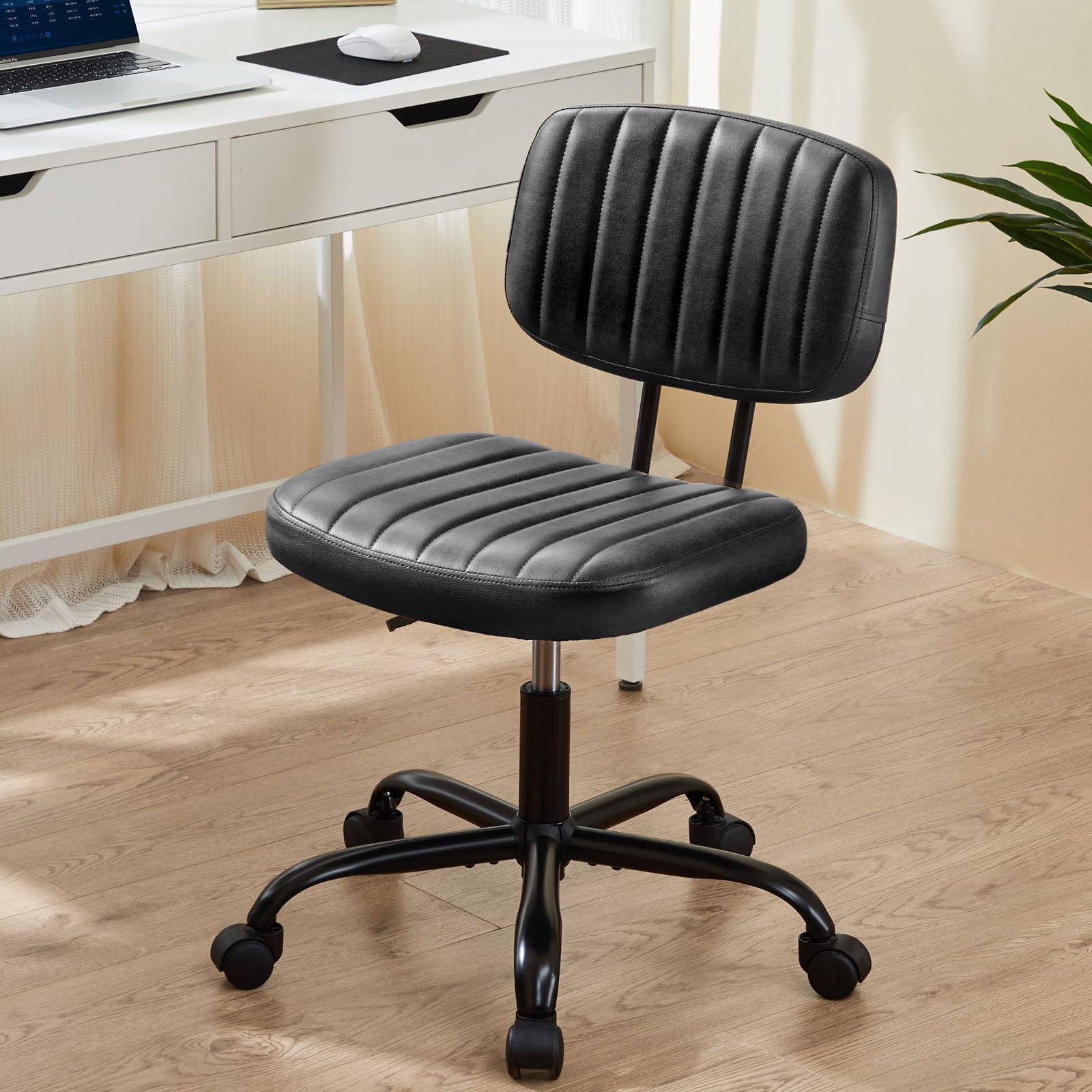 Small Office Desk Chair - Armless PU Leather with Comfy Lumbar Support, Height Adjustable Rolling Swivel Task for No Arms, for Adult, Student, Bedroom, Home, Vanity, Black