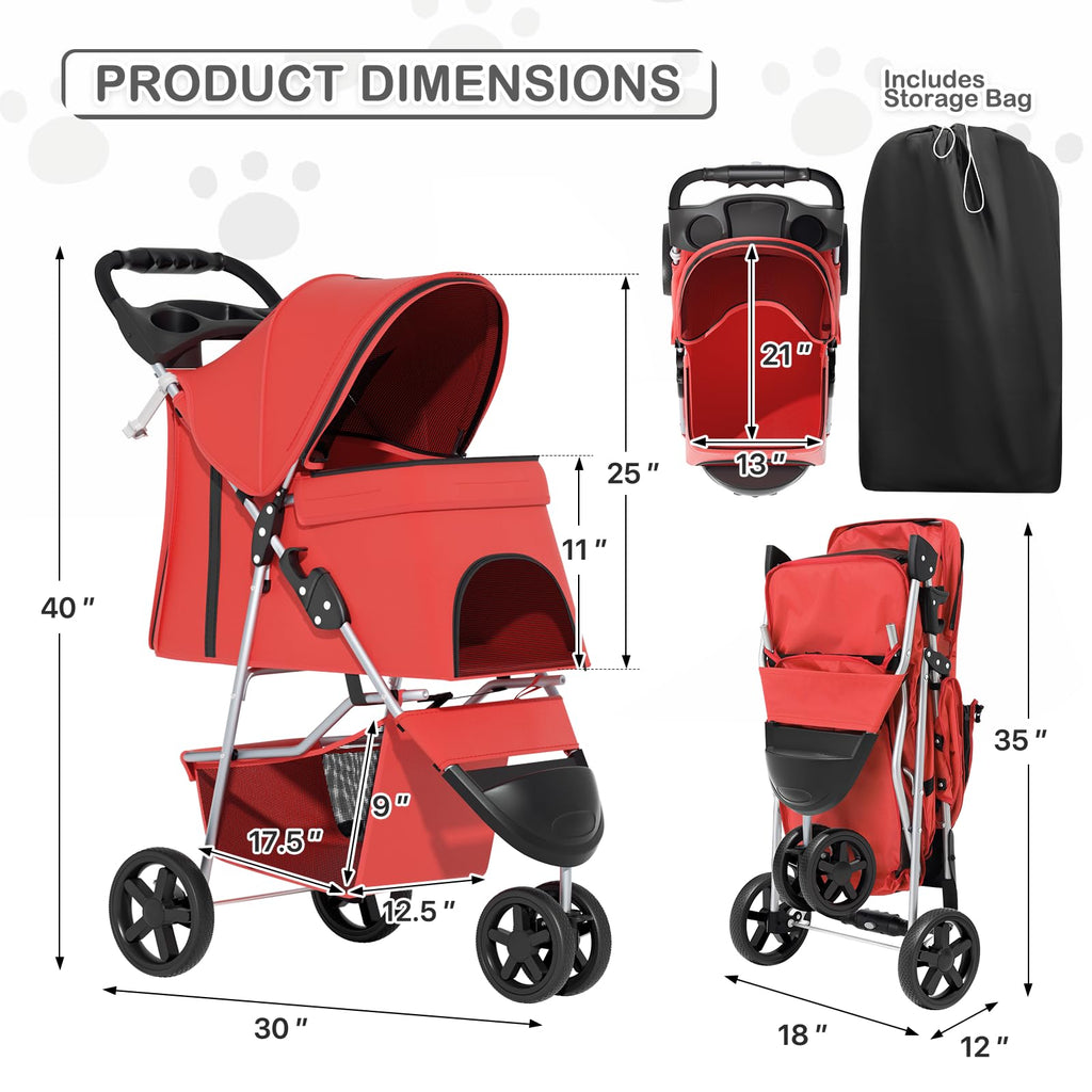 3 Wheels Pet Stroller, Foldable Puppy Cage Jogger Stroller with Weather Cover for All-Season, Storage Basket and Cup Holder, Breathable and Visible Mesh for Small/Medium Pets, Red