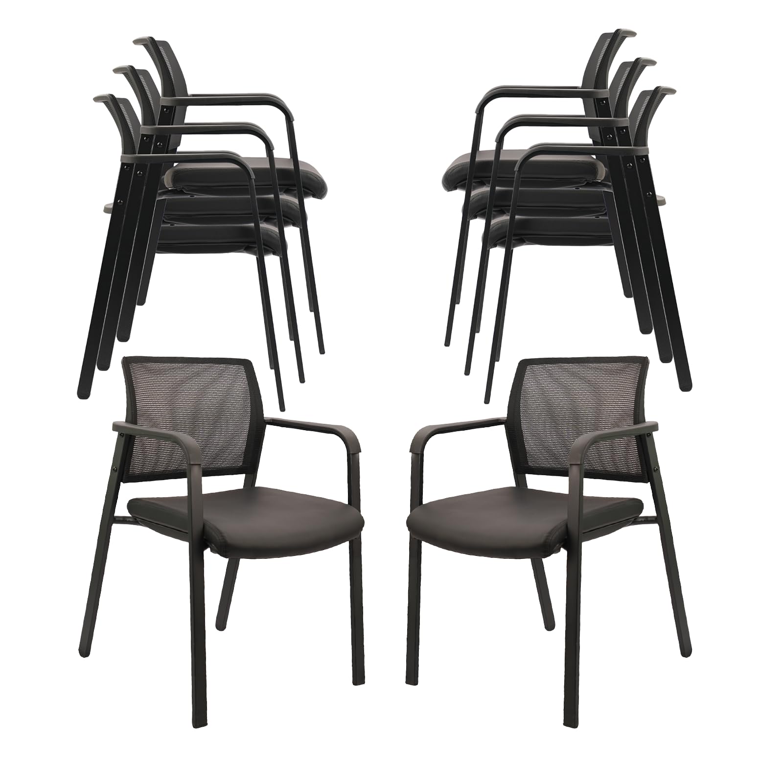 Black, Set of 8, Stackable Office Chair, Mesh Back Guest Chairs with Comfortable Leather Seat Arms Stacking Ergonomic Desk Chair No Wheels for Conference Waiting Reception School Stationary,