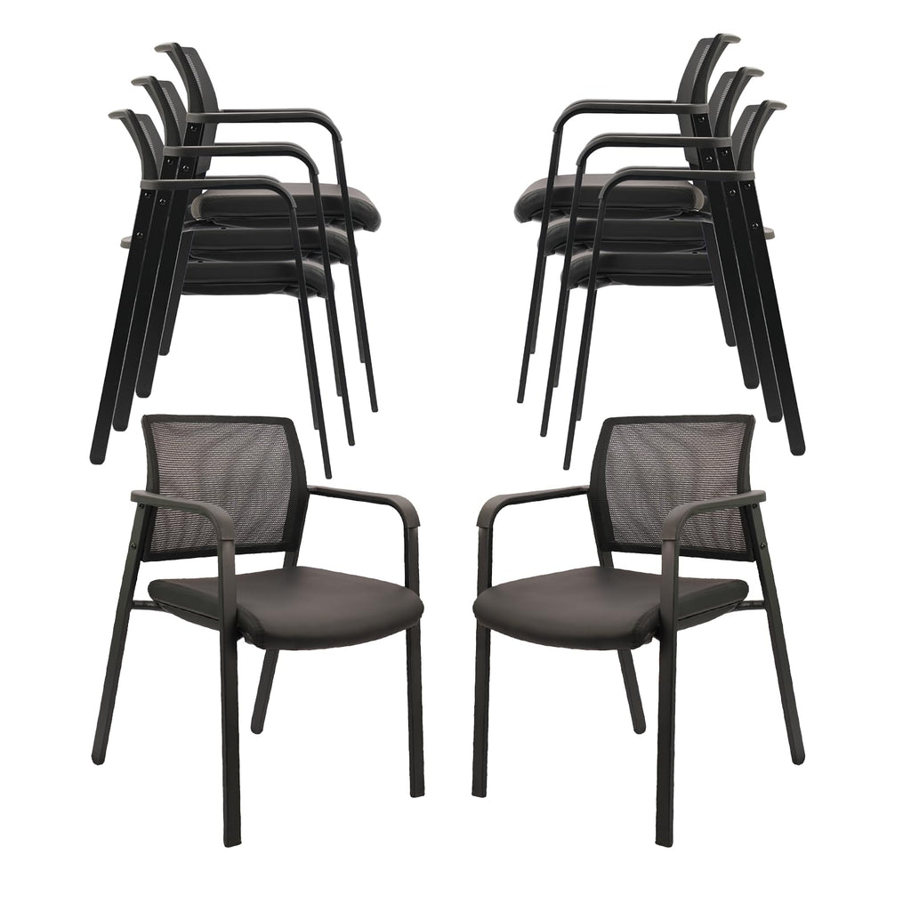 Black, Set of 8, Stackable Office Chair, Mesh Back Guest Chairs with Comfortable Leather Seat Arms Stacking Ergonomic Desk Chair No Wheels for Conference Waiting Reception School Stationary,