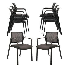 Black, Set of 8, Stackable Office Chair, Mesh Back Guest Chairs with Comfortable Leather Seat Arms Stacking Ergonomic Desk Chair No Wheels for Conference Waiting Reception School Stationary,