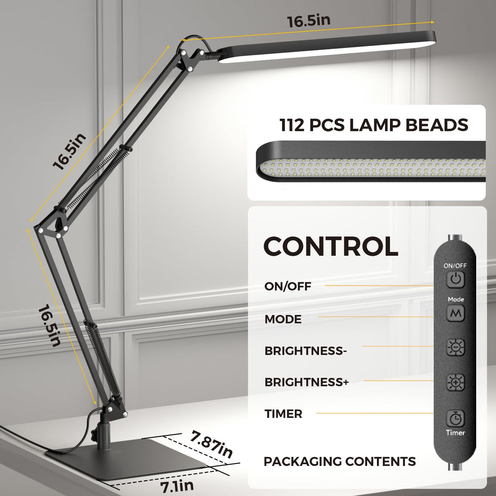 LED Desk Lamp with Slim Base - Adjustable Swing Arm Desk Light, Dimmable, Timer, Eye Protection, Memory Function, 1300LM, 12W, Black