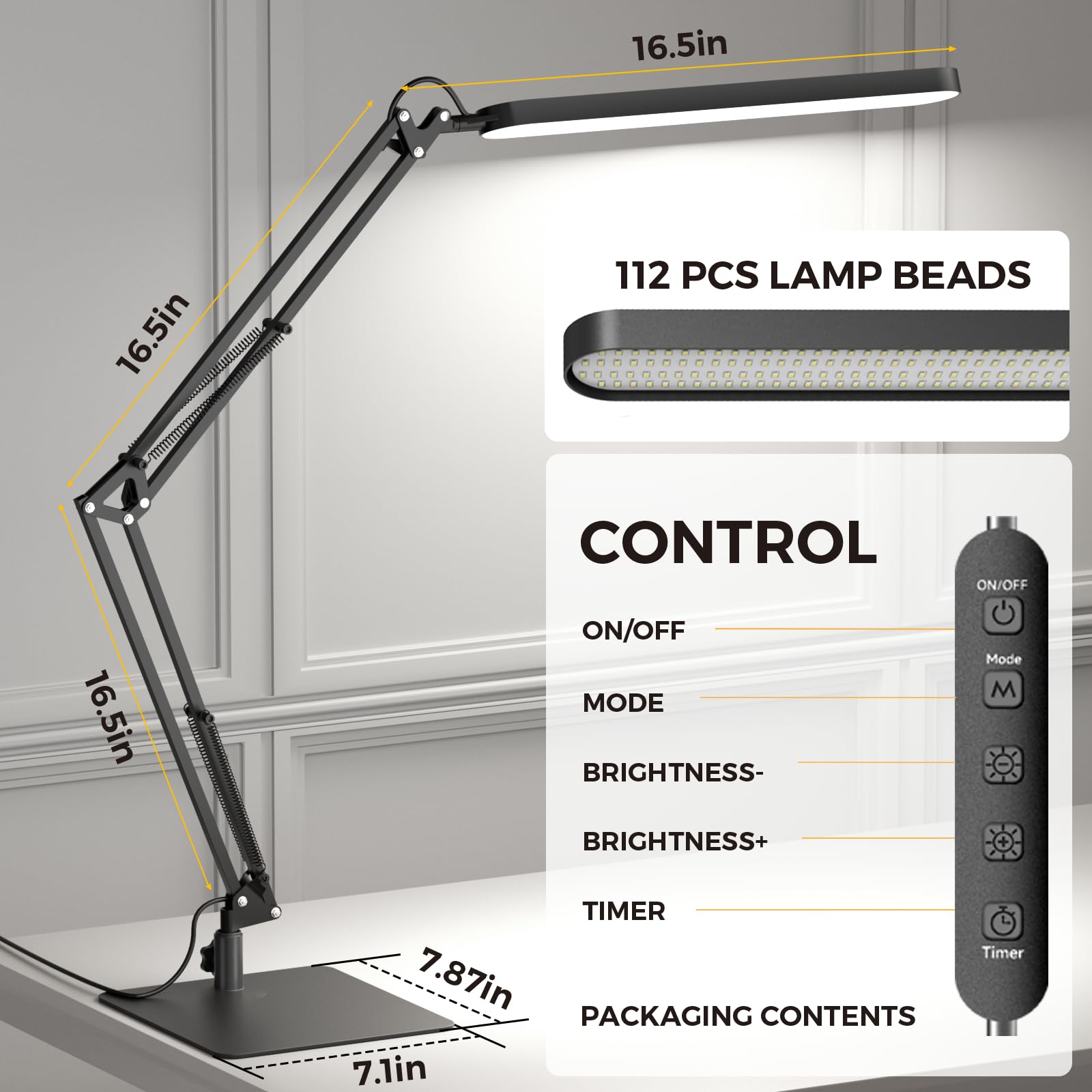 LED Desk Lamp with Slim Base - Adjustable Swing Arm Desk Light, Dimmable, Timer, Eye Protection, Memory Function, 1300LM, 12W, Black