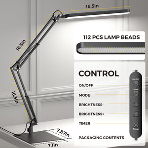 LED Desk Lamp with Slim Base - Adjustable Swing Arm Desk Light, Dimmable, Timer, Eye Protection, Memory Function, 1300LM, 12W, Black