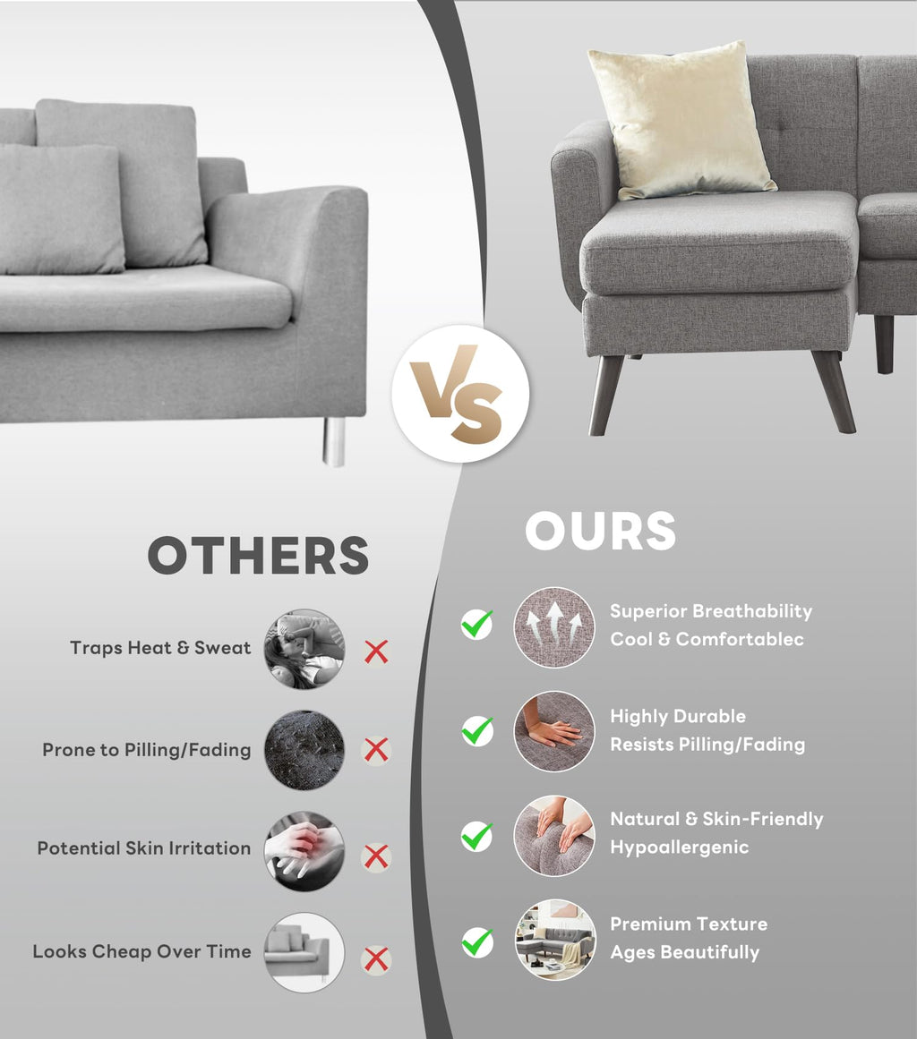 L Shaped Couch, 80" W Mid-Century Modern Sofa, Sectional Couches, 3 Seater Sofas with Wide Chaise Lounge, Button Tufted Upholstered Sectional Sofa for Living Room, Bedroom, Gray