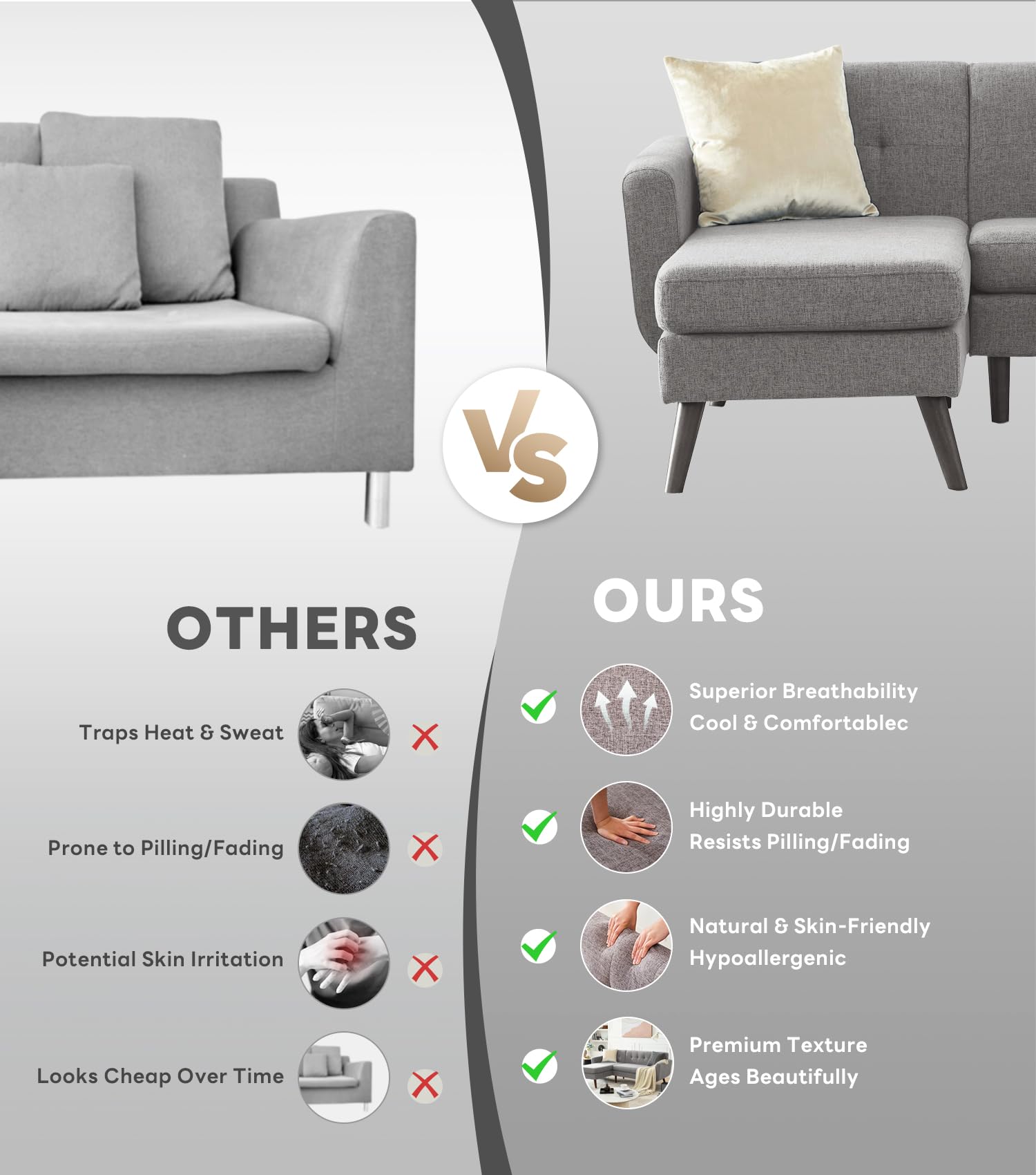 L Shaped Couch, 80" W Mid-Century Modern Sofa, Sectional Couches, 3 Seater Sofas with Wide Chaise Lounge, Button Tufted Upholstered Sectional Sofa for Living Room, Bedroom, Gray