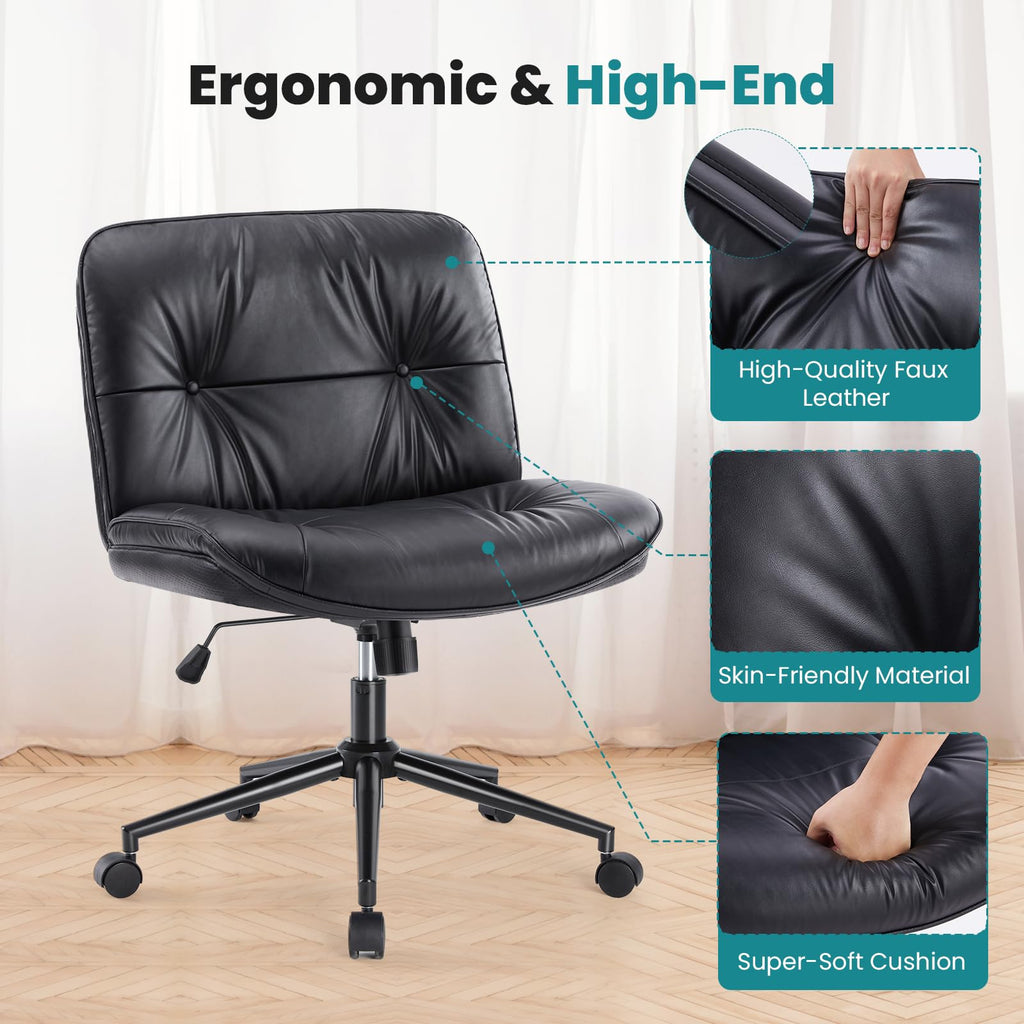 Criss Cross Chair with Wheels Armless Wide Cross Legged Vanity Office Desk Chair with Comfy PU Leather& Back - Swivel for Home Office Bedroom, Black