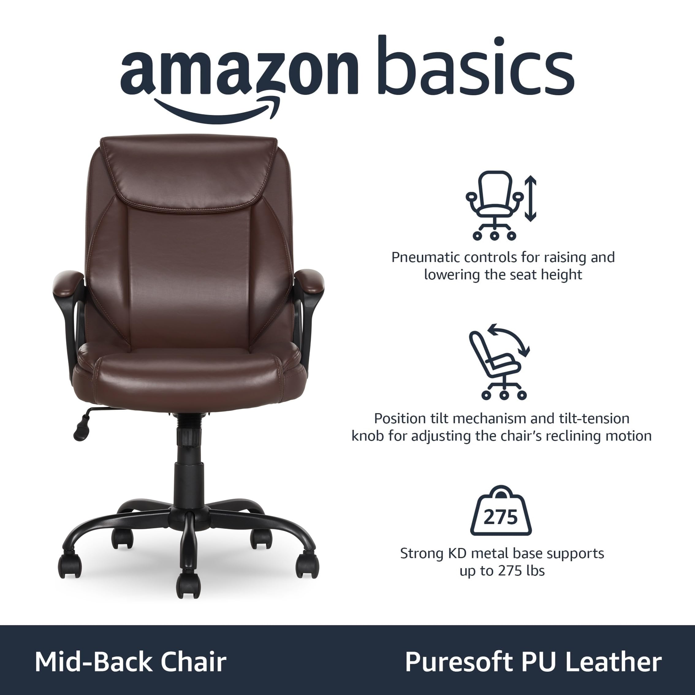 Classic Puresoft PU Padded Mid-Back Office Chair with Armrest, Height Adjustable, Wheels, 25.75