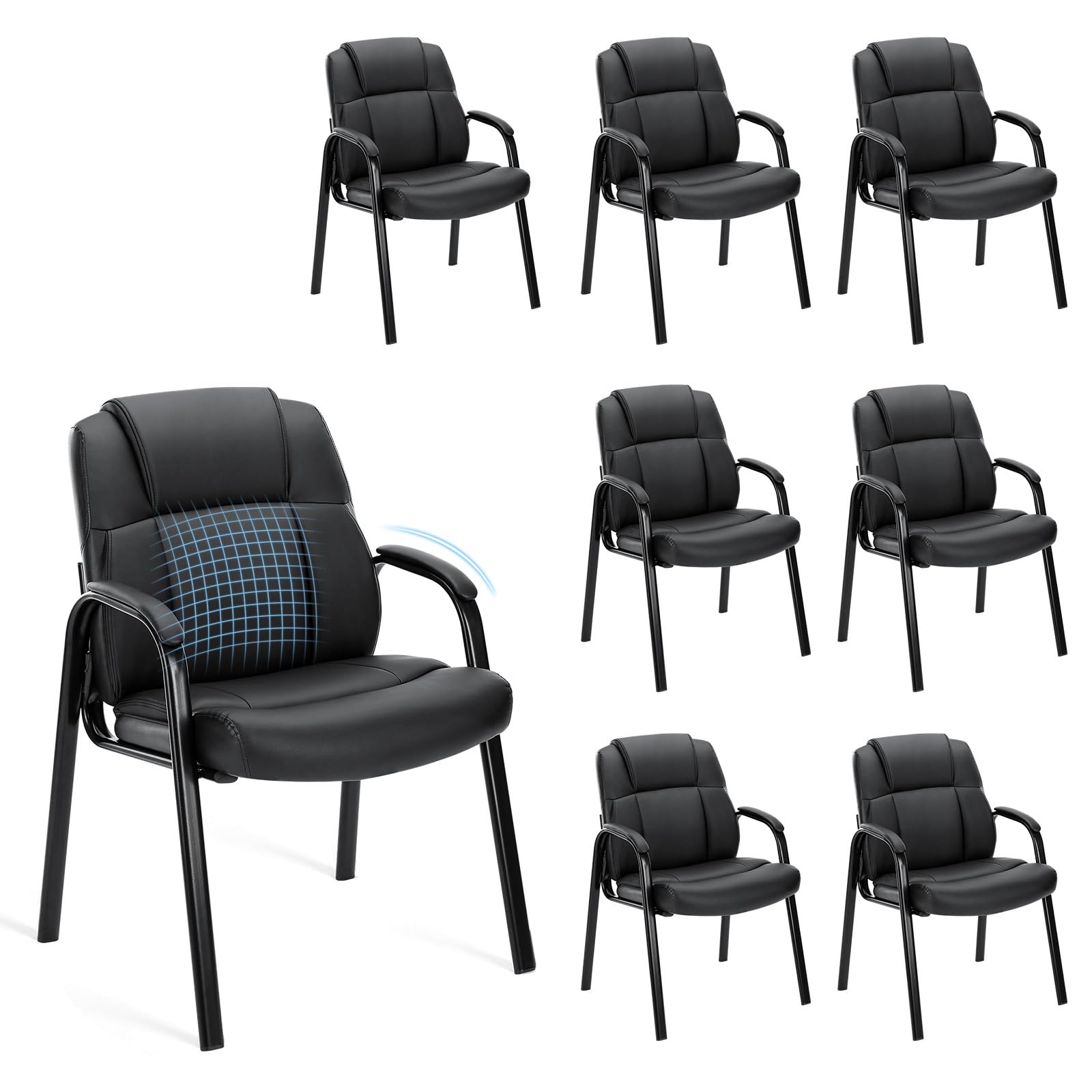 Waiting Room Reception Chairs Set of 8, Leather Office Desk Guest Stationary Side Chair with Padded Arms for Home Conference Lobby Area Meeting Church Medical Clinic Elderly Student