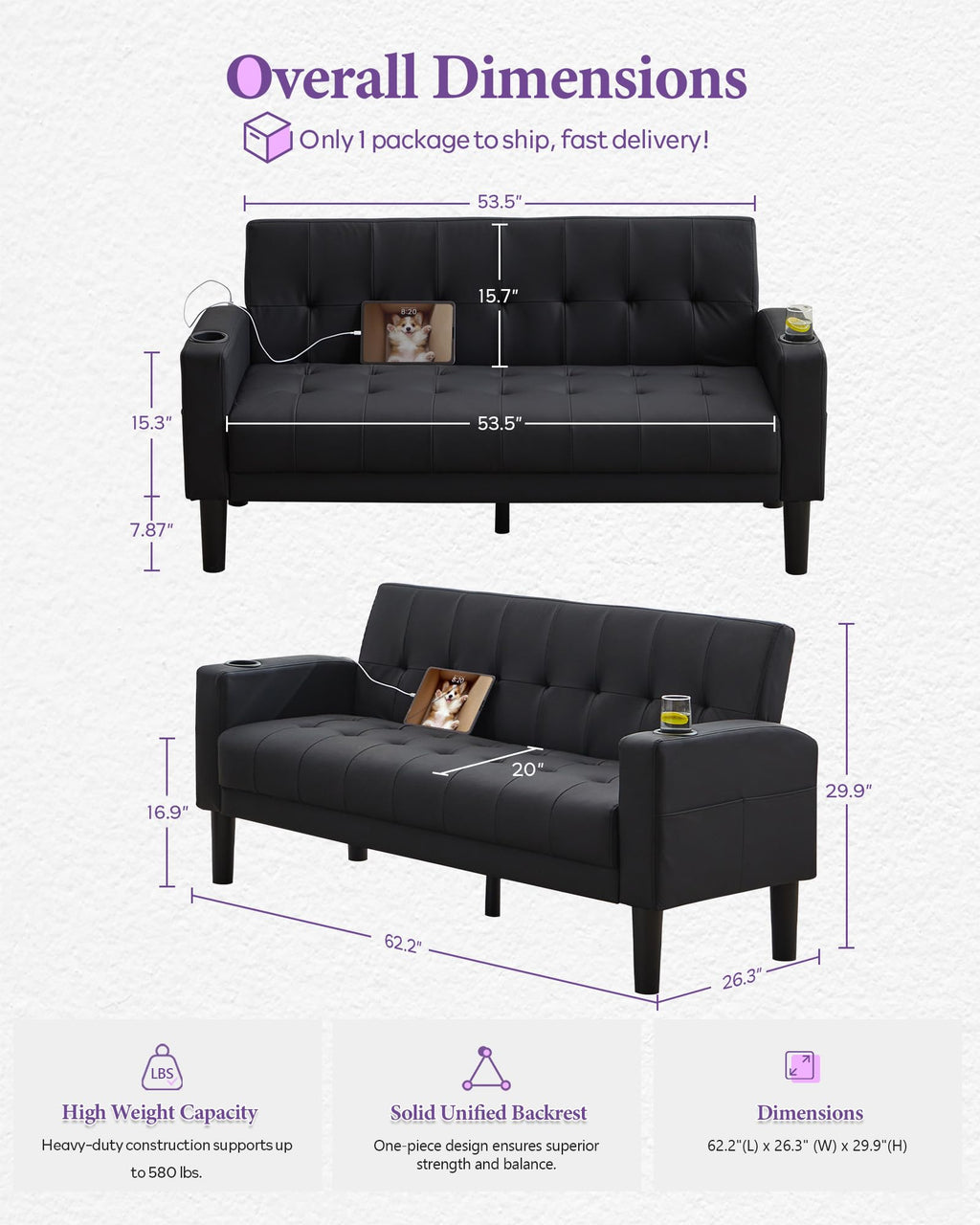 Sofa Couch 62" W Loveseat w/ 2 USB Charger Ports & 2 Cupholders, Mid-Century Modern Black Faux Leather Tufted Small Love Seat Couches for Office,Compact Living Room,Bedroom,Apartment,Dorm