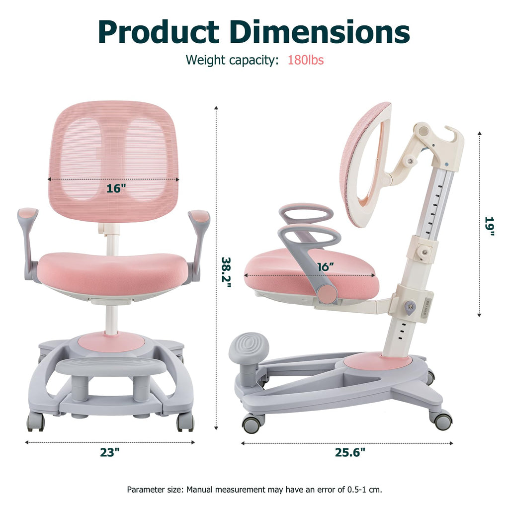 Ergonomic Kids Desk Chair with Footrest & Height-Adjustable Seat, Multifunctional for Study, Work & Dining – Comfy Cushion & Smooth Wheels for Boys & Girls （Pink）