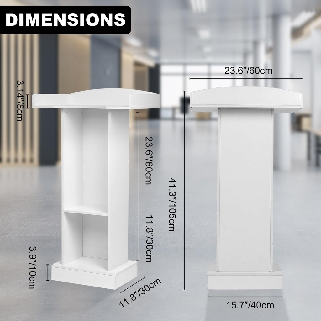 Podium Stand for Lectern Presentation Church Classroom, White Pulpit with Wooden Heavy Base, Podium for Lecture, Wedding Speech