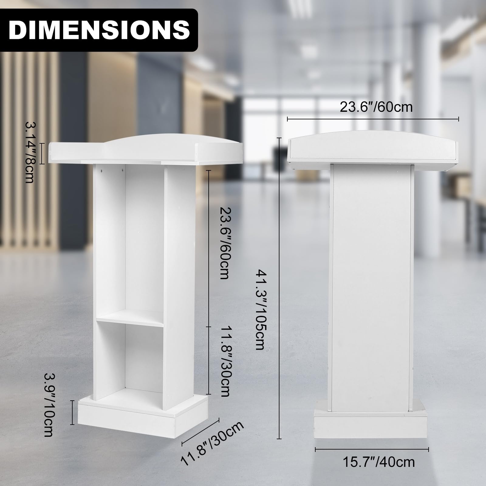 Podium Stand for Lectern Presentation Church Classroom, White Pulpit with Wooden Heavy Base, Podium for Lecture, Wedding Speech