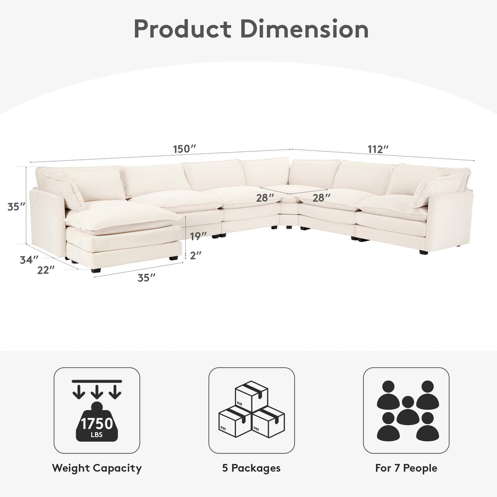 150'' Modular Sectional Cloud Couch, 7 Seater Corner Sofa Big Comfy Corduroy V Shaped Couch with 4 Throw Pillows, Convertible Chaise, Ottoman, Couches for Living Room Office Beige