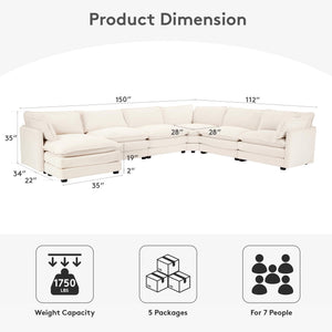 150'' Modular Sectional Cloud Couch, 7 Seater Corner Sofa Big Comfy Corduroy V Shaped Couch with 4 Throw Pillows, Convertible Chaise, Ottoman, Couches for Living Room Office Beige