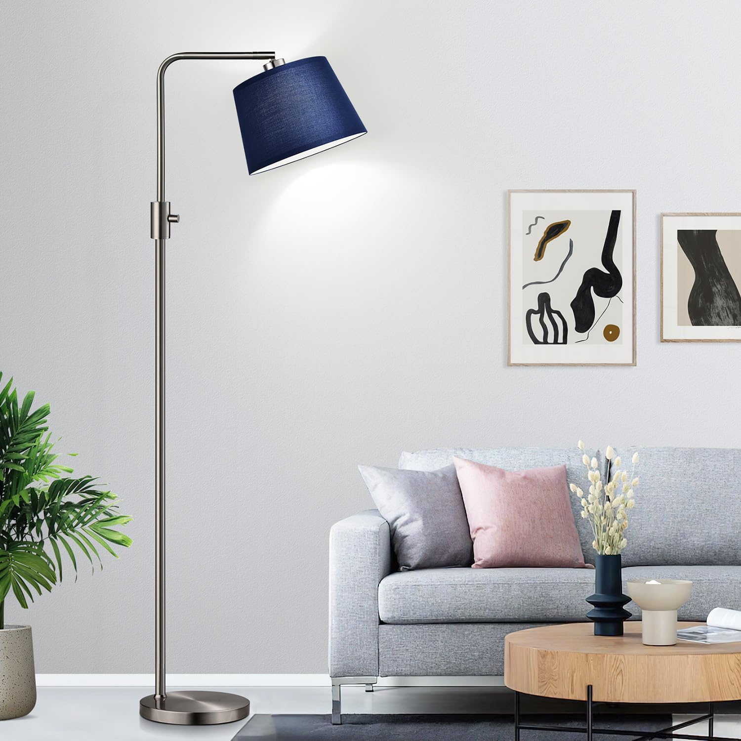 Dimmable Floor Lamp, 1000 Lumens LED Edison Bulb Included, Brushed Nickel Arc Standing Tall Floor Lamp with Blue Shade for Living Room Bedroom Office Dining Room