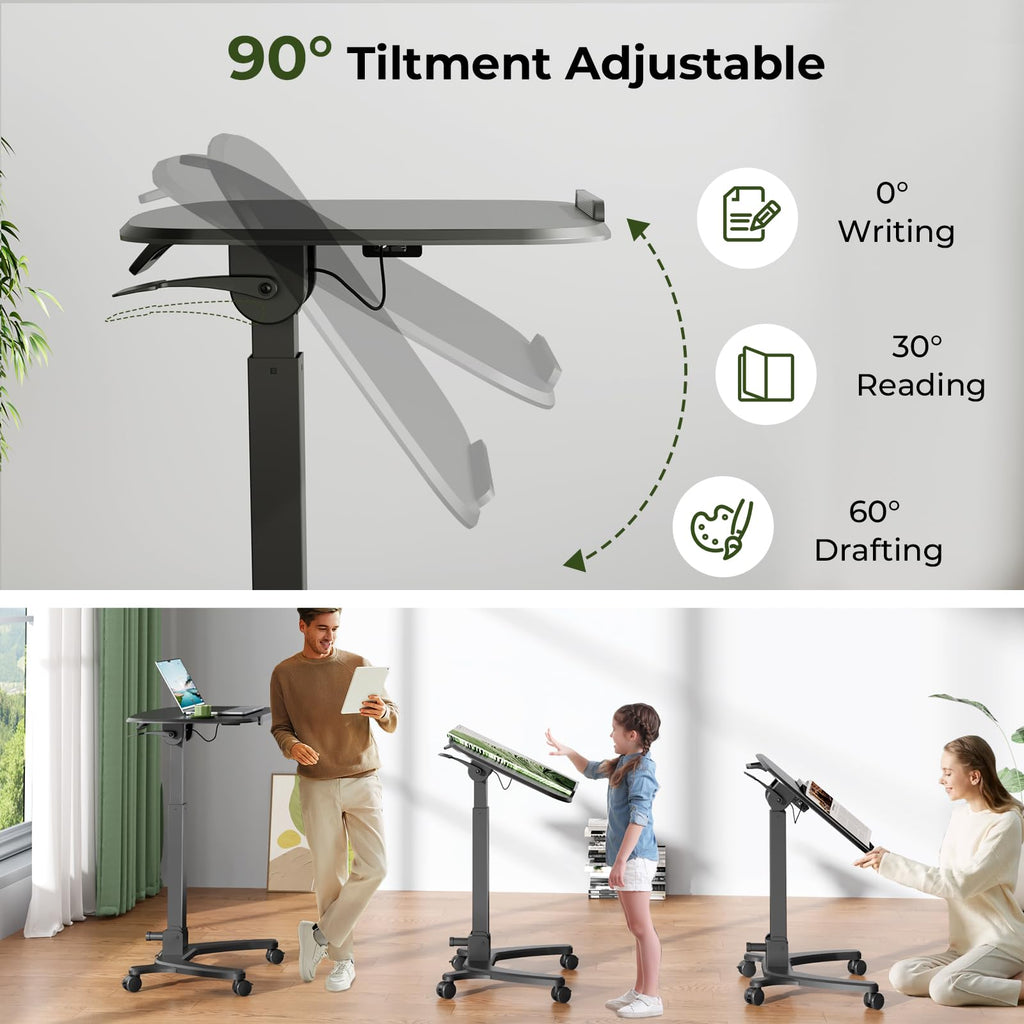 Foldable Mobile Standing Desk, 27"×21" Portable Rolling Laptop Cart with 90° Tiltable Board, Height Adjustable Mobile Desk Workstation with Wheels, Folding Table for Home Office, Black