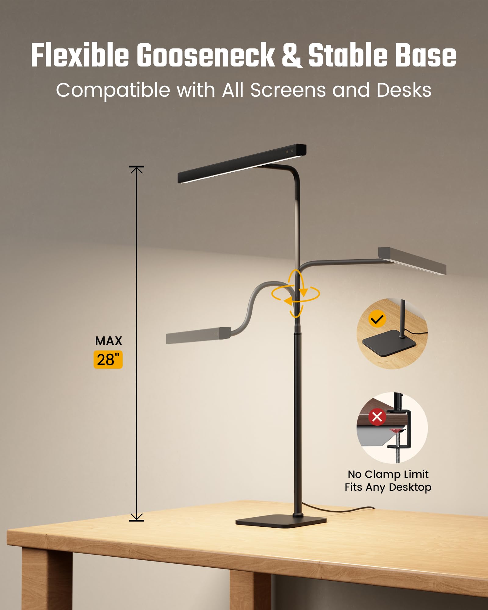 LED Desk Lamp for Home Office, Eye-Caring Desk Light with Base, 12W Touch Control 3 Colors Dimmable Brightness, Gooseneck Architect Lamp for Computer Monitor Reading Workbench, Black