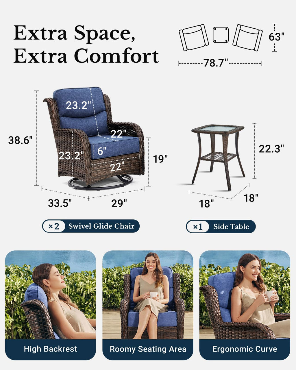 Luxury Patio Furniture Set with 6-inch Thick Cushion, Outdoor High Back Swivel Rocker Patio Chairs, 3PCS Wicker Conversation Set for Deck Yard and Poolside, Blue (V2)