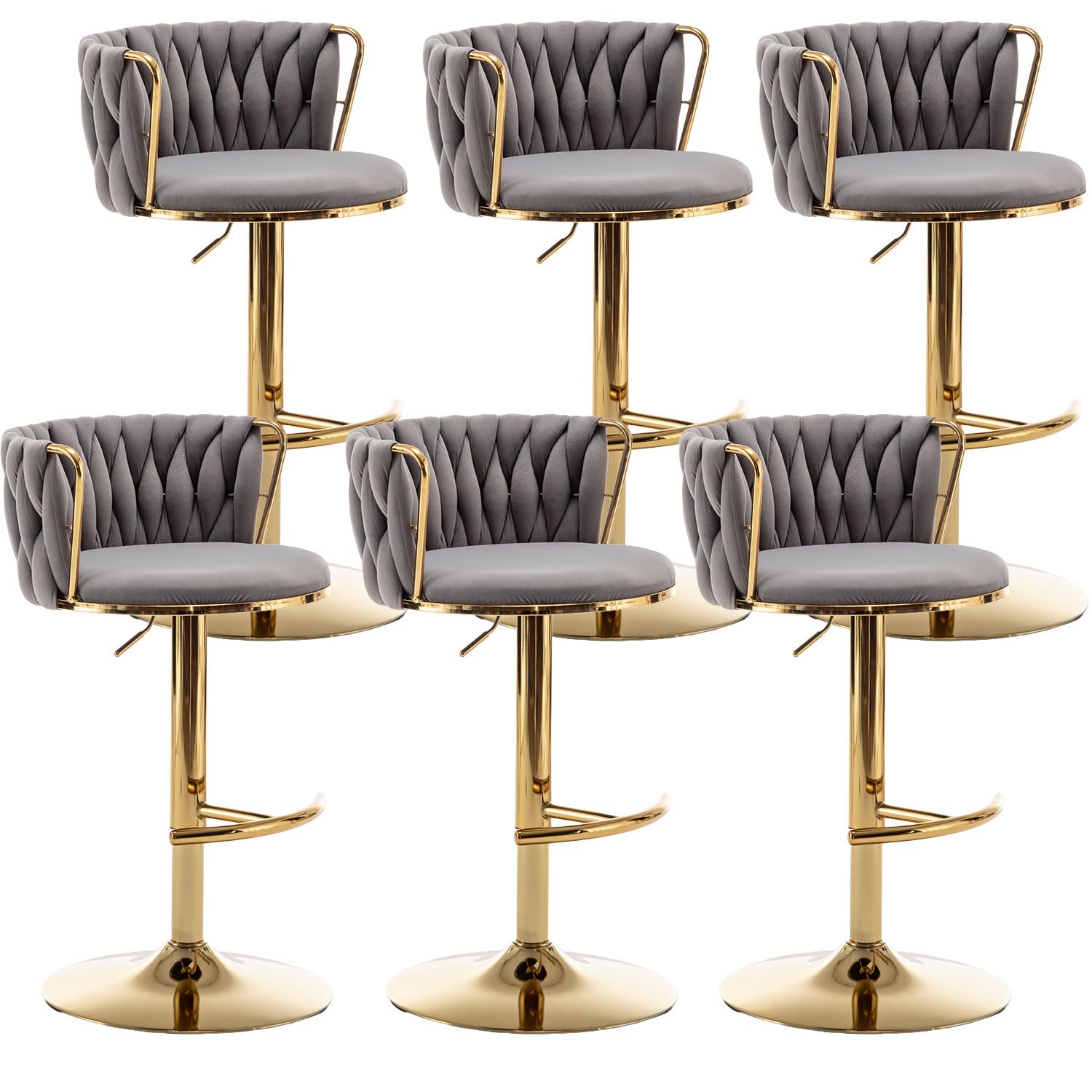 Gold Velvet Bar Stools Set of 6, Swivel Counter Height Bar Stools with Back, Adjustable Woven Barstools for Kitchen Island, Pub, Club (Grey)