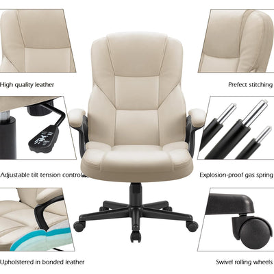 Office Executive Chair High Back Adjustable Managerial Home Desk Chair, Swivel Computer PU Leather Chair with Lumbar Support (2, Beige)