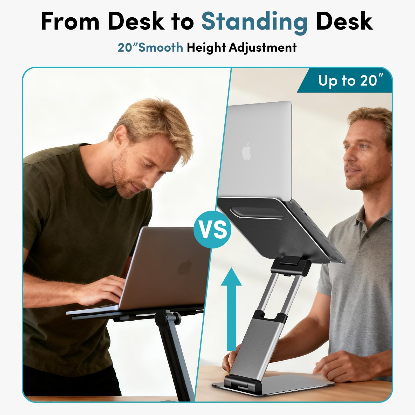 Ergonomic Adjustable Laptop Stand for Desk, Extra Tall 20” Height Aluminum Laptop Riser, Portable Foldable Computer Stand, Fits 10-17” Laptops for Office Meetings, Teamwork & Desk Setup