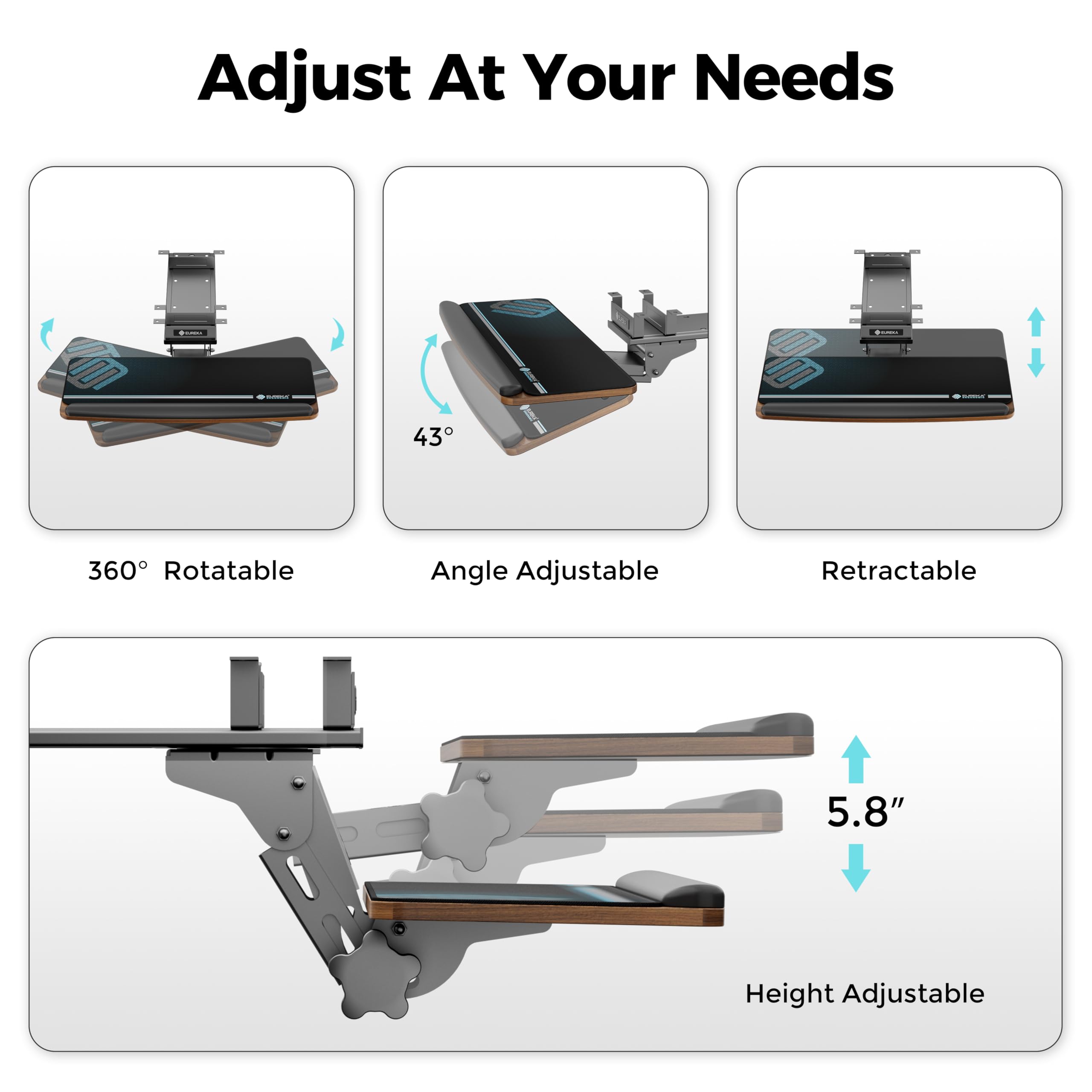 Keyboard Tray Height Adjustable, Swivel Tilt Computer Keyboard Drawer Under Desk, 25x9.13'' Sliding Keyboard & Mouse Platform with Mouse Pad for Typing, Walnut