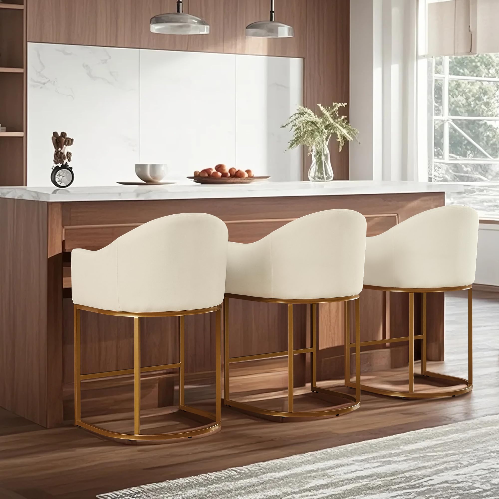 Counter Height Bar Stools Set of 3,Modern Counter Height Bar Stools,Fabric Upholstered Barrel Barstools with Backs,26'' Kitchen Island Chairs,Metal Gold Frames,Off White Linen