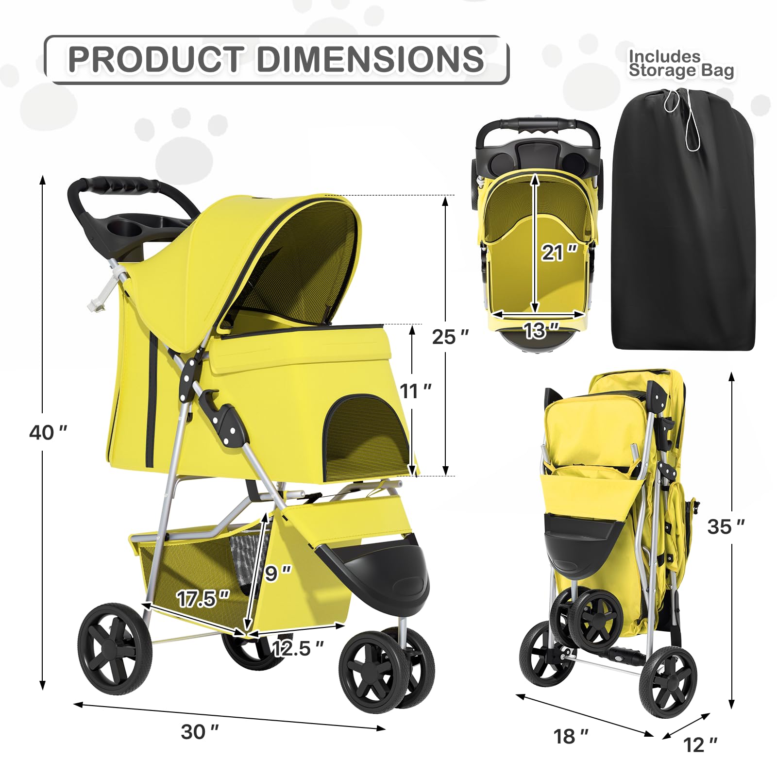 Foldable Pet Stroller with Waterproof Cover, 3-Wheels Dog Strolling Cart for Small/Medium Dogs and Cats with Storage Basket and Cup Holder, Breathable and Visible Mesh for All-Season, Yellow