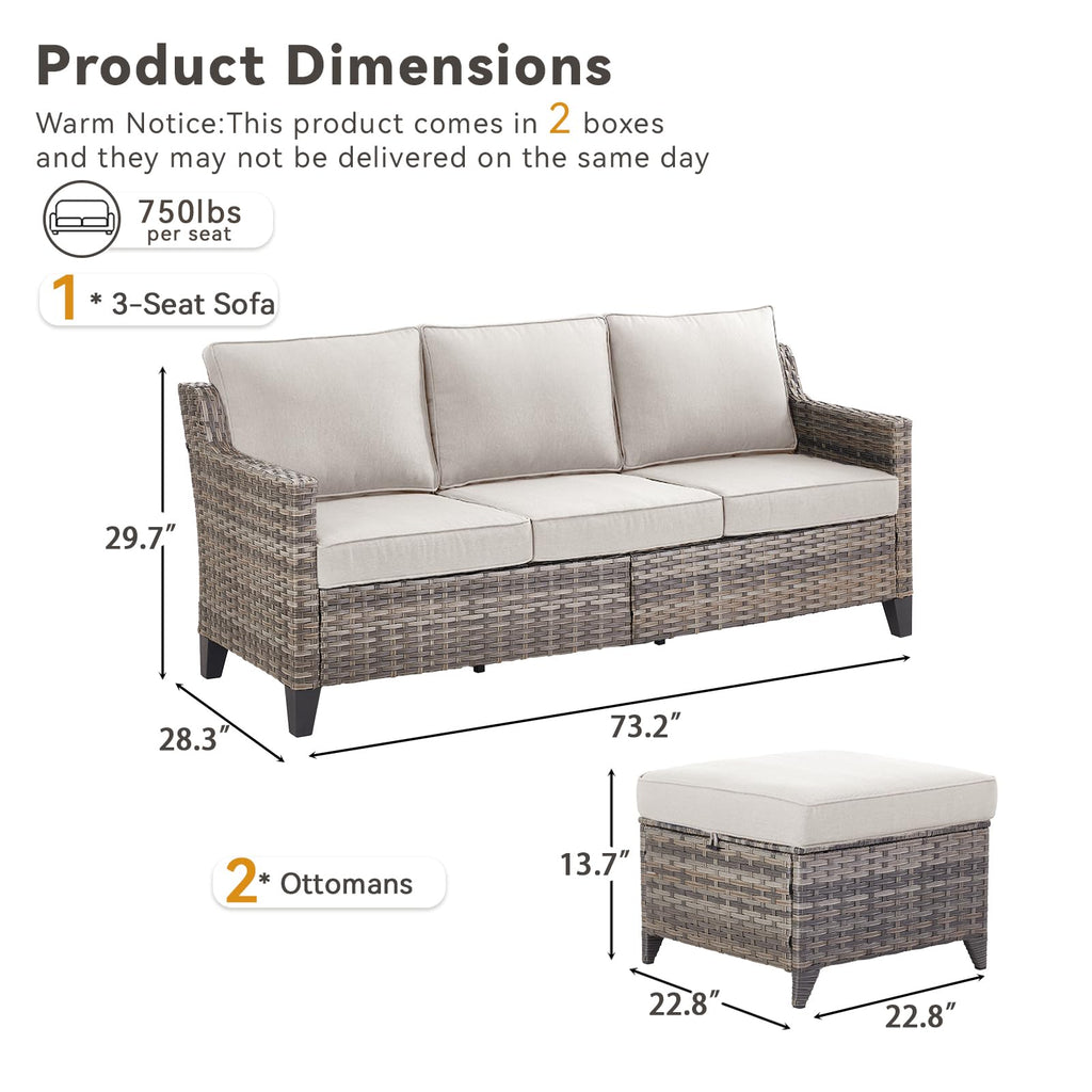 3 Pieces Patio Furniture Sofa Set-Outdoor Wicker Patio Furniture Covered Couch with Multifunctional Ottoman and All-Weather Patio Conversation Set for Backyard Porch Garden Grey/Beige