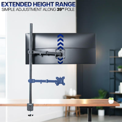 Extra Tall Single Monitor Desk Mount, 39 inch Pole VESA Stand for 13 to 32 inch Screens and up to 38 inch Ultrawides, Holds 22 lbs, Black, STAND-V011