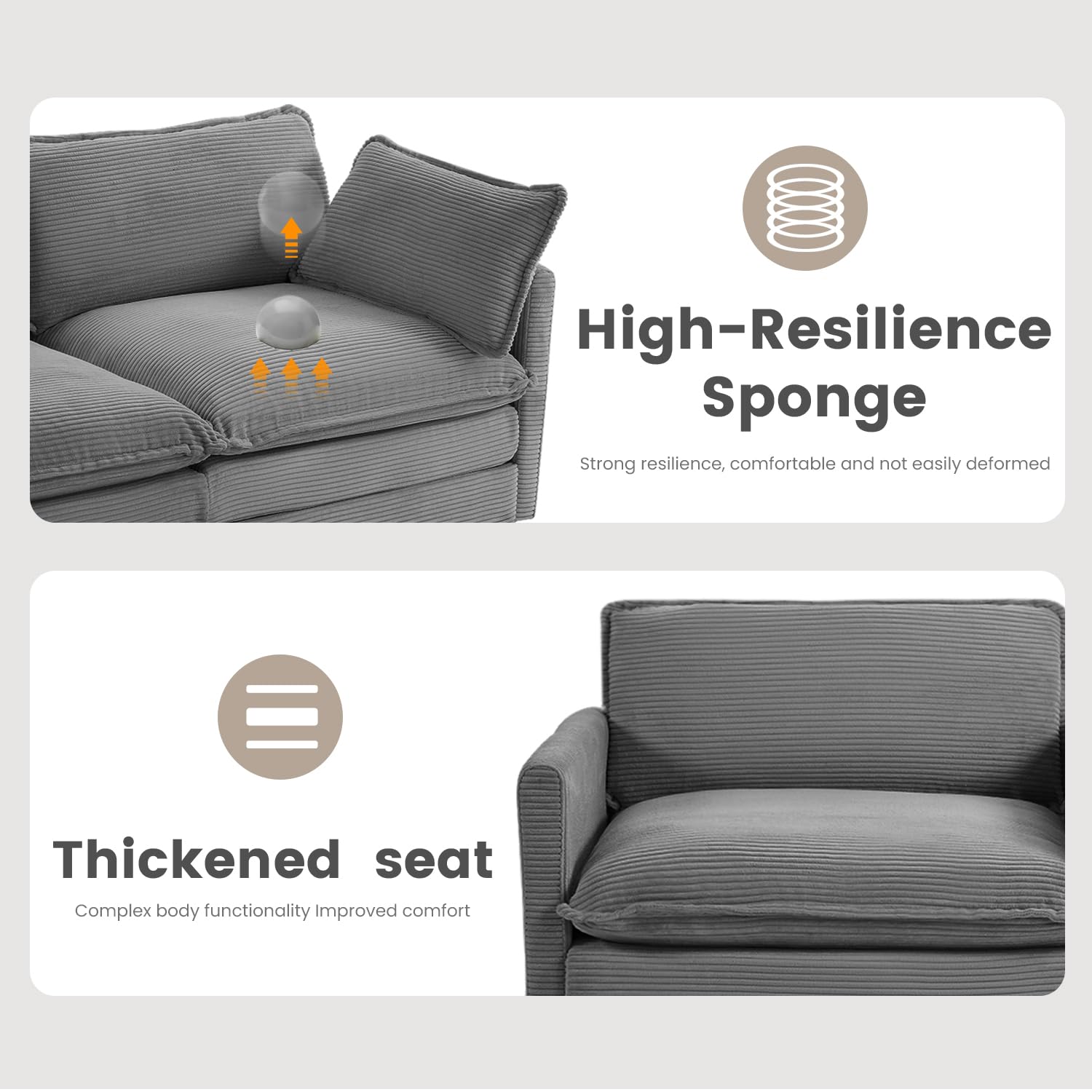 112'' Modular Sectional Cloud Couch with Movable Ottoman, 4 Seat Modern Corduroy Sofa with 2 Throw Pillows, Comfy Deep Seat L Shaped Couches for Living Room Bedroom Apartment, Dark Grey