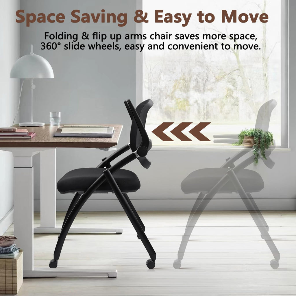 8PACK, Stackable & Foldable Chairs with Flip Up Armrests, Reception Guest Chairs with Wheels, Ergonomic Curved Mesh Back Folding Chair for Office Meeting Schools Conference Waiting Room