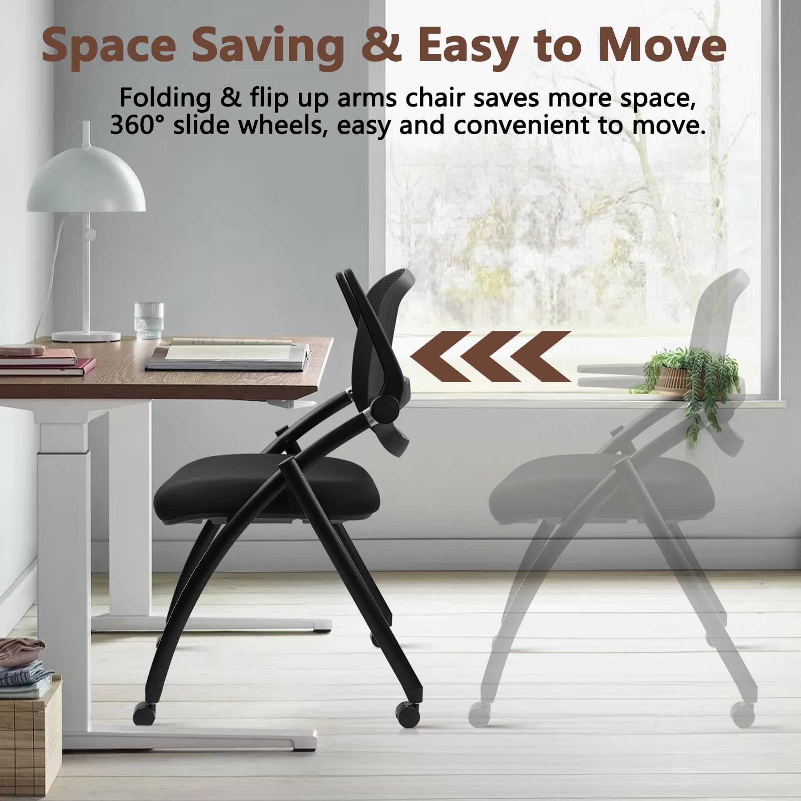 10PACK, Stackable & Foldable Chairs with Flip Up Armrests, Reception Guest Chairs with Wheels, Ergonomic Curved Mesh Back Folding Chair for Office Meeting Schools Conference Waiting Room,