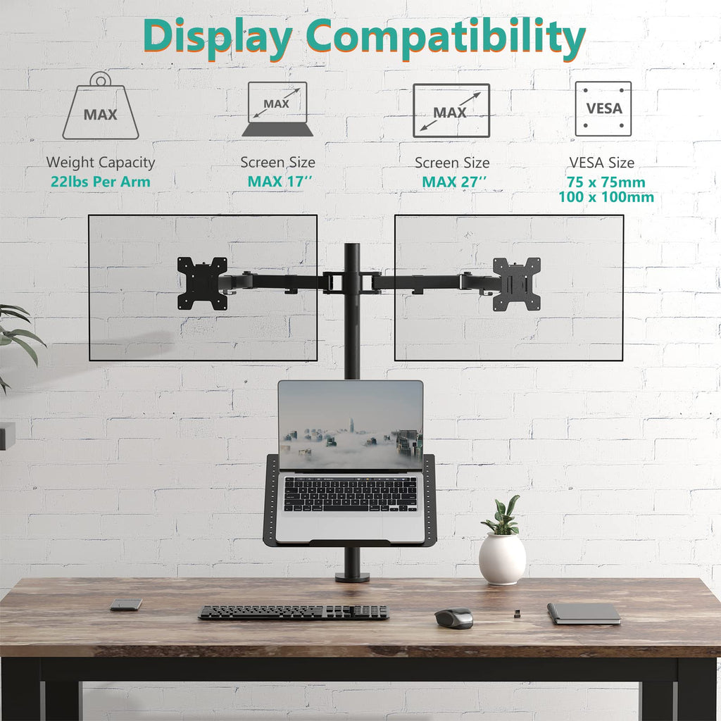 Triple Arm Laptop and Dual Monitor Desk Mount for 17" Notebook and Up to 27" Screens, Extra Tall Adjustable Monitor Stand with Laptop Tray, VESA 75x75 100x100, Black (M002XLLP)