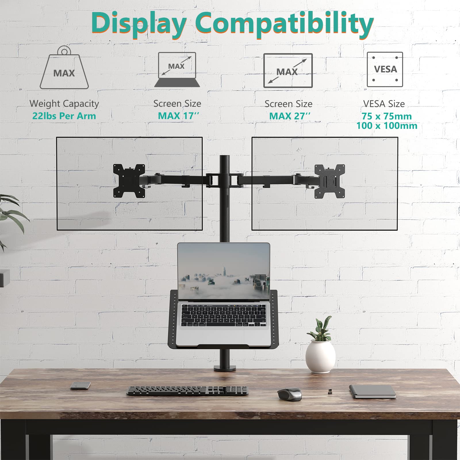 Triple Arm Laptop and Dual Monitor Desk Mount for 17" Notebook and Up to 27" Screens, Extra Tall Adjustable Monitor Stand with Laptop Tray, VESA 75x75 100x100, Black (M002XLLP)
