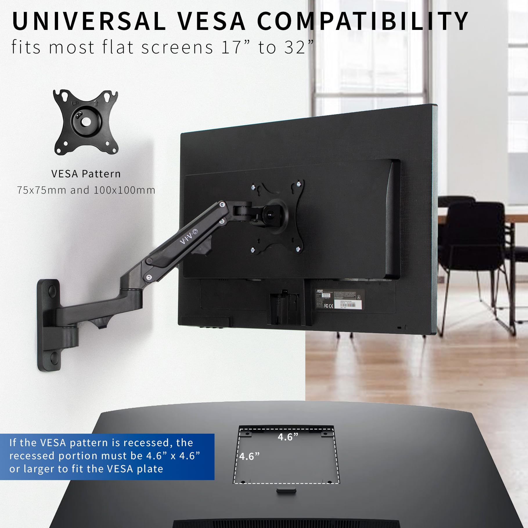 Premium Aluminum Single LCD Monitor Wall Mount for Screens up to 32 inches, Pneumatic Adjustable Arm fits up to VESA 100x100, MOUNT-G100B