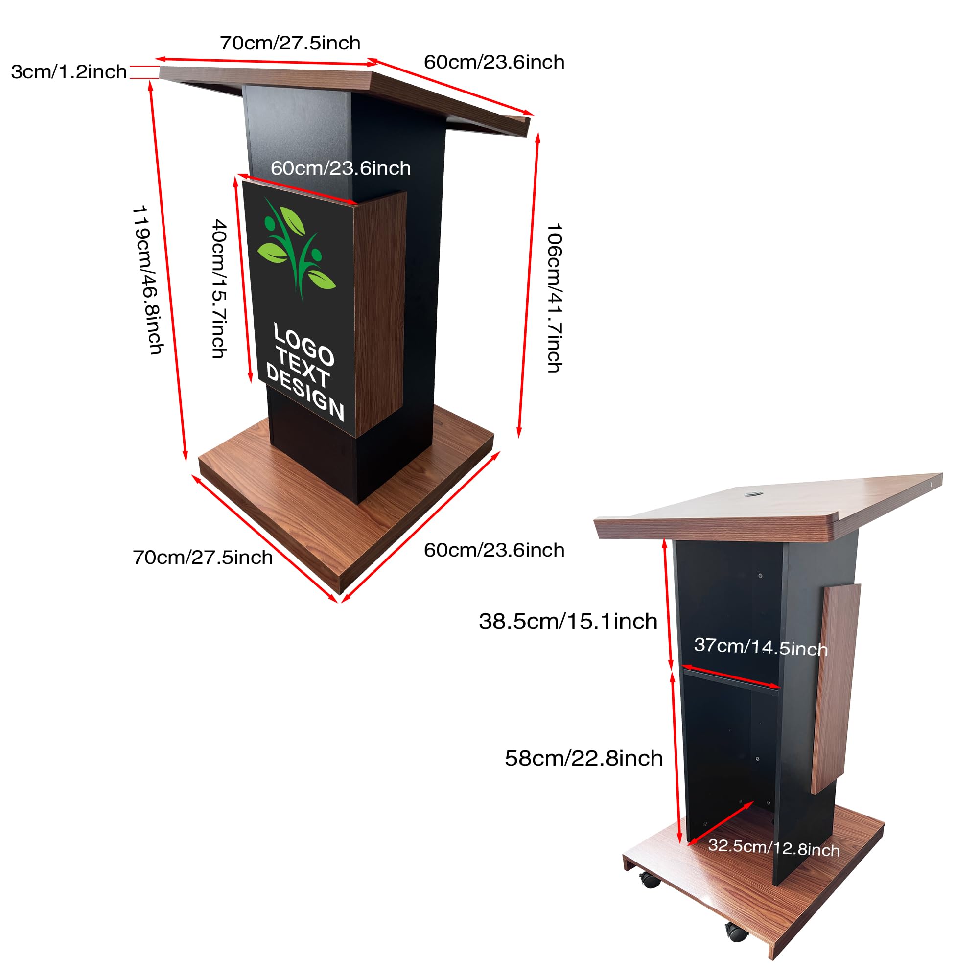Customizable Wood Podium,Wooden Lectern Stand,15MM Particle Board,Elegant Design with Storage, Lockable Wheels, Mic Stand Space, Wooden Pulpit for Restaurants,Churches, Seminars and Schools