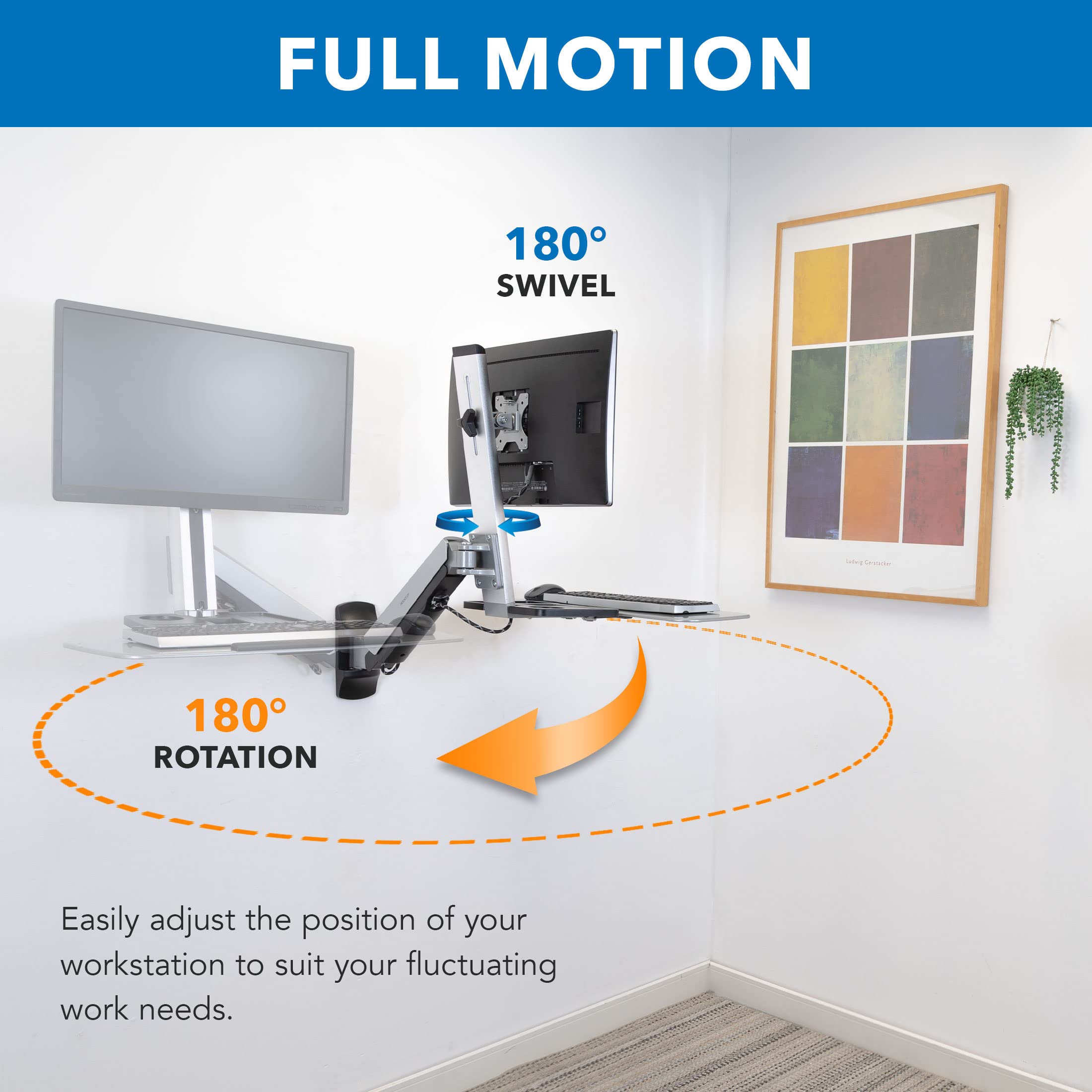 Sit Stand Wall Mount Workstation | Adjustable Height Stand Up Computer Station with Articulating Monitor Mount, Keyboard Tray, & CPU Holder | VESA Mount 75x75 and 100x100 | MI-7905