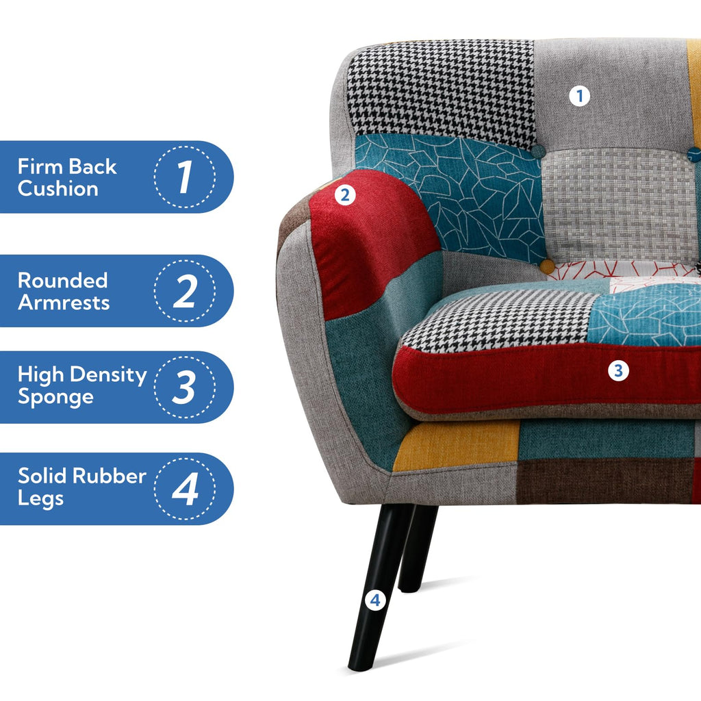 Modern Boho Loveseat Couch Sofa Chair for Living Room Bedroom, Upholstered Colorful Plaid Fabric 2-Seat Love Seat Sofa with Wood Leg for Small Space, One Loveseat