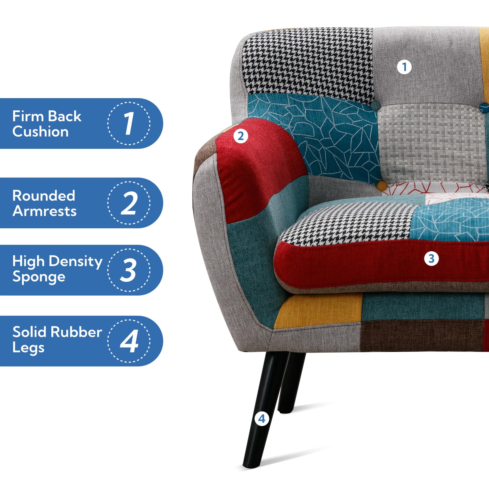 Modern Boho Loveseat Couch Sofa Chair for Living Room Bedroom, Upholstered Colorful Plaid Fabric 2-Seat Love Seat Sofa with Wood Leg for Small Space, One Loveseat